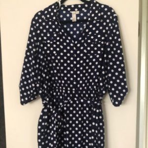 Navy and cream polka dot dress.